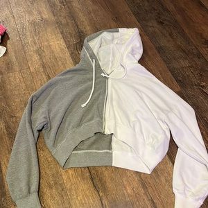 gray and white cropped zip up